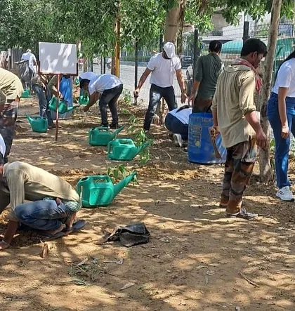 The Orbis Financial team gets to work, planting 200 native saplings along the Aravali Creek in Sector 43.