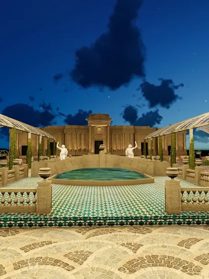 A wide-angle render of the garden and bridge, showcasing the planned layout for 2,000 guests. The design seamlessly integrates modern seating with immersive, historical styles.