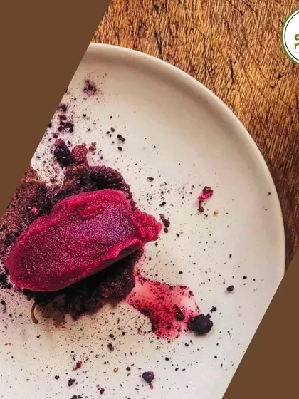 A stunning dessert from one of our themed dinners: a vibrant mulberry sorbet. We use seasonal fruits to create delicious and natural sweet treats to end your meal.
