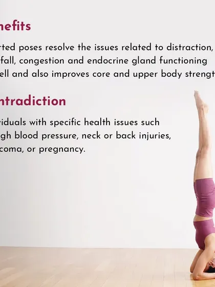Ready to see the world from a new perspective? This is an informational graphic for our Inversion for Beginners workshop, explaining the benefits like improved core strength and the contraindications to be aware of.