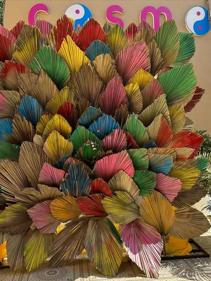 This multi-colored palm leaf backdrop was a true statement piece for a Haldi ceremony. It's a perfect example of how we use creative elements to make your event stand out.