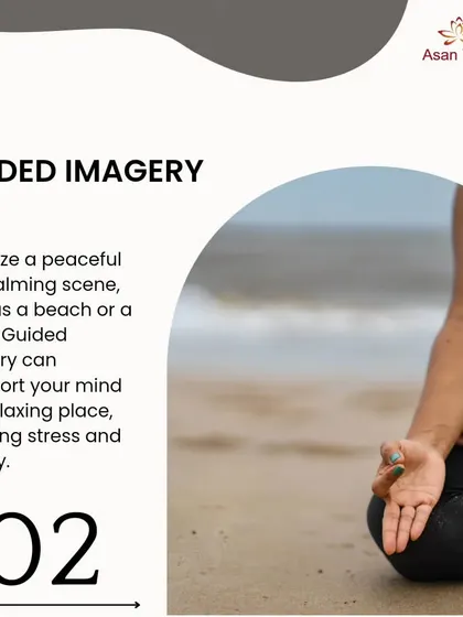 The second technique is Guided Imagery. Visualizing a peaceful scene like a beach or forest can transport your mind to a relaxing place, effectively reducing stress and anxiety during a hectic day.