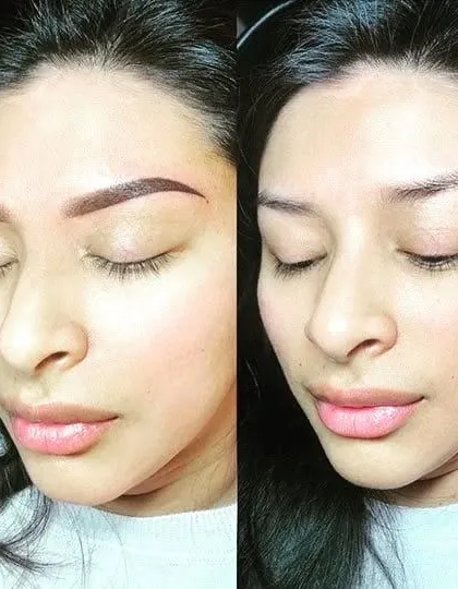 A side-by-side comparison showing the client before and immediately after her eyebrow microblading session. The new shape lifts the eye area and provides a clean, polished frame for her face.