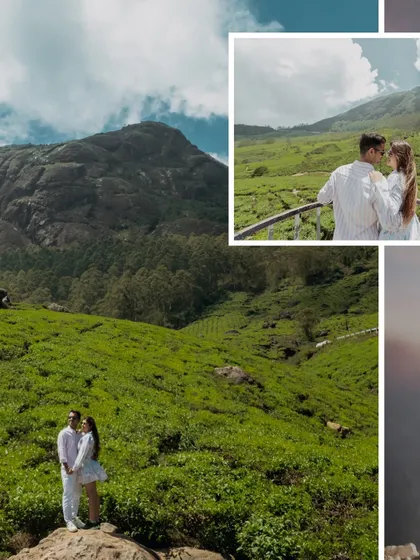 A collage showcasing a pre-wedding shoot in a lush, green mountain range. The images capture the couple enjoying the vast, beautiful scenery together.