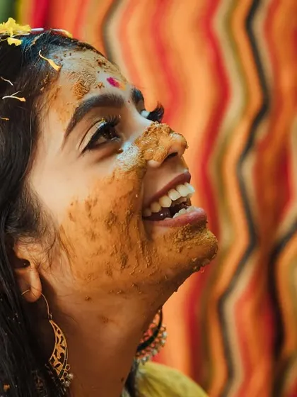 A profile shot of the bride, laughing with joy, her face and hair speckled with turmeric and flower petals.