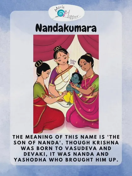Another beautiful graphic from our Krishna series, this one explaining the name 'Nandakumara'. We use visual aids like these to make mythological stories and their meanings clear and memorable for children.