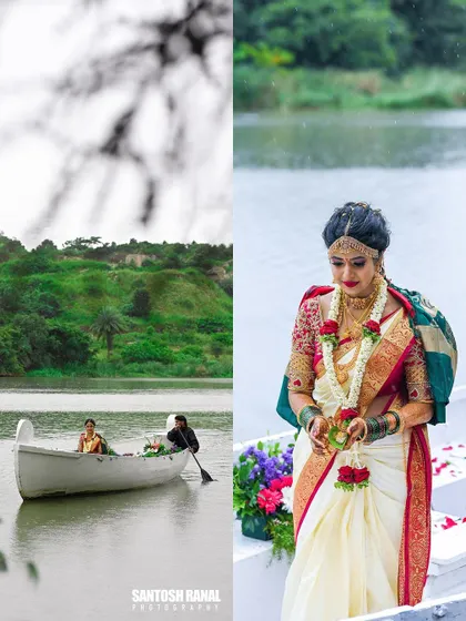 A diptych showing the bride's serene boat entrance, a unique and beautiful part of her wedding day.