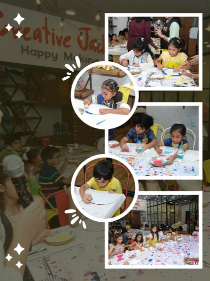 A collage showing kids deeply engaged in painting and crafting activities during a fun-filled birthday celebration at the studio.