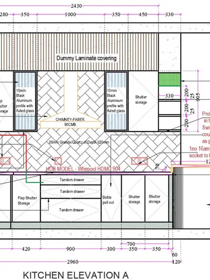 The technical drawing for the kitchen elevation, detailing every aspect of the cabinetry and layout.