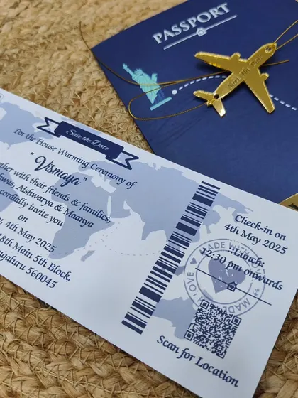 My passport and boarding pass style invitations are perfect for a travel-themed housewarming, complete with a "check-in" time and a QR code for the location.