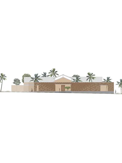 An elevation drawing for the Ojus Guest House. The design uses brick in various patterns to create a visually interesting and sustainable facade that responds to the local climate.