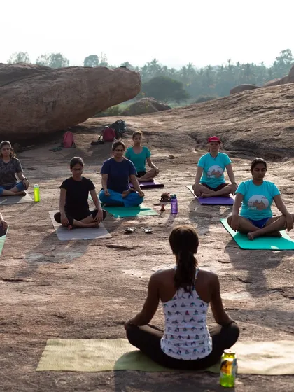 A duplicate of 161, this image shows our group finding their center with a morning yoga practice before a day of climbing.