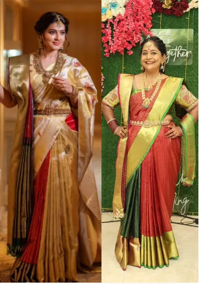 This image shows a side-by-side of my double drape on Geeta ma'am and the original inspiration from actress Sneha. It showcases my ability to recreate complex and artistic draping styles.