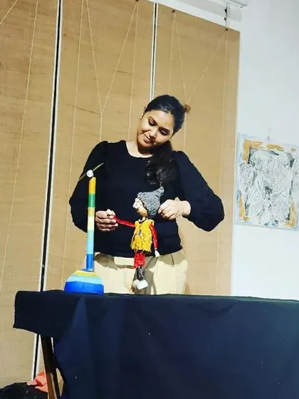 A puppetry workshop in progress at Tasmai Art Gallery. We demonstrate different types of puppets and storytelling techniques.