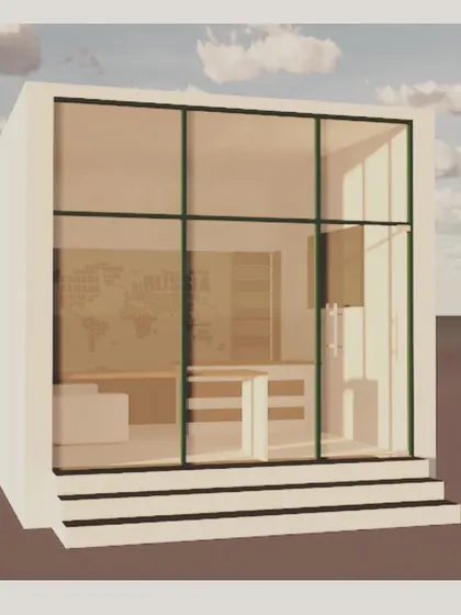 A daytime view of a compact, glass-fronted trading office concept. The design emphasizes transparency and a clean, professional aesthetic suitable for a modern financial business.