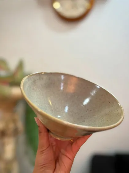 The other side of our reduction-fired Chun bowl, showing more of the warm, oxidized tones.