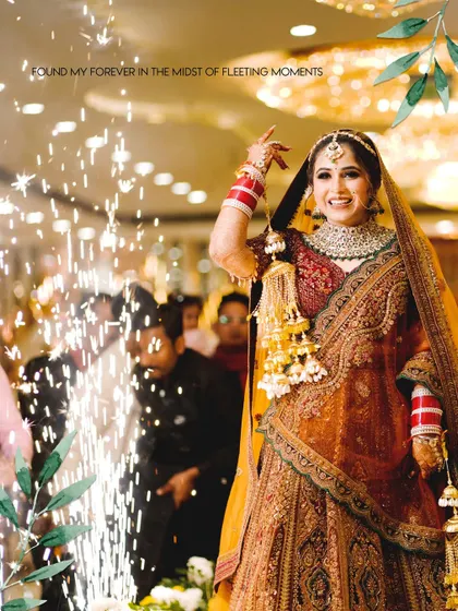 A creative edit of the bride's grand entry, surrounded by sparklers, capturing her happiness.