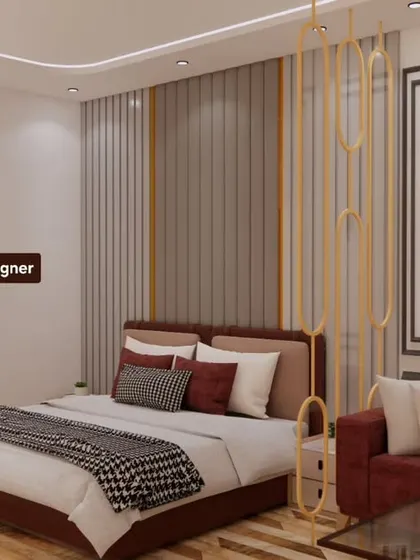 This render highlights the decorative partition and the wall paneling behind the bed, which adds texture and visual interest.