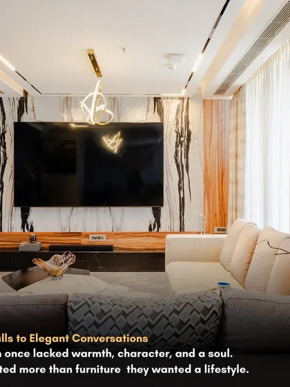 This living room started as an empty space lacking warmth. By adding a statement marble TV wall, a comfortable L-shaped sofa, and elegant lighting, we transformed it into a stylish and soulful family hub.