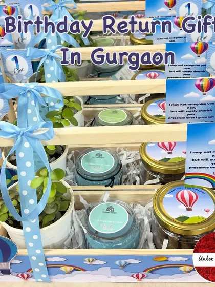"Birthday Return Gifts in Gurgaon." This image showcases the 'Hot Air Balloon' favors, highlighting the custom tags and ribbons.