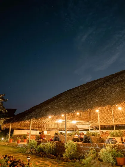 Our dining pavilion under a starry night sky. It's a beautiful and spacious area for your team to gather for dinner and evening conversations.