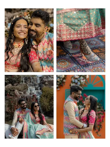 A beautiful collage from a Mehendi ceremony, showcasing the couple's vibrant outfits, the intricate henna details, and their happy interactions.