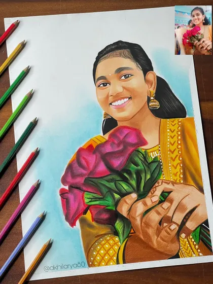 A joyful A3 colored pencil portrait of a young woman holding flowers. The vibrant yellows and reds make this a very cheerful and lively piece of art.