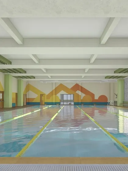 The swimming pool design for Delhi World Public School, Kolkata. The space is bright and airy, with colorful wall graphics adding a sense of energy and fun.