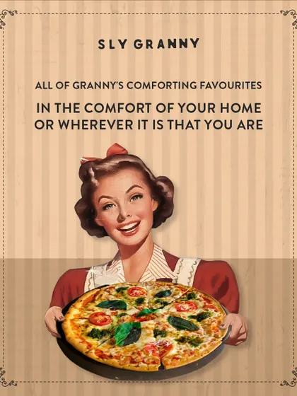A vintage-style poster advertising my comforting favorites, available wherever you are. Because good pizza should travel.