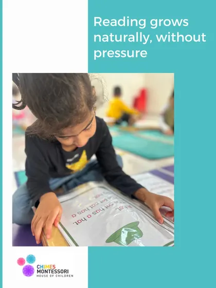Reading grows naturally, without pressure. This child is enjoying a book, a love for reading that we nurture from the very beginning.