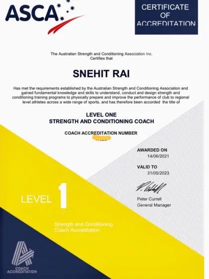 My first certification from the Australian Strength and Conditioning Association, the Level 1 S&C Coach accreditation, which marked the beginning of my professional growth.