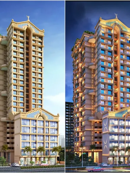 A day and night comparison of our design for Sai Satyam Homes in Kalyan. This shows how architectural lighting can transform a building's character, highlighting its features and creating a welcoming presence after dark.