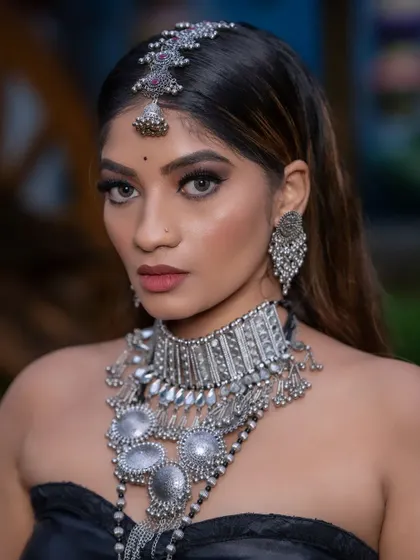 The complete look, showing how the hair, makeup, and accessories come together to create a striking and memorable image.