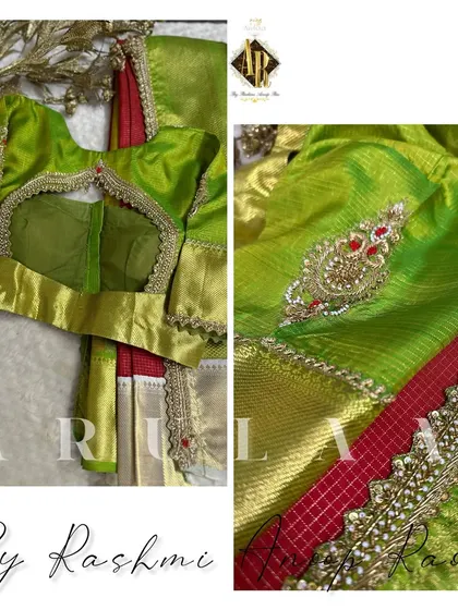A parrot green blouse with a contrasting red checked border on the sleeves. A single, elegant motif is placed on the sleeve to add a touch of custom detail.