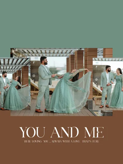 A stylish collage of a couple in matching mint green outfits, showing different poses from their engagement shoot. The graphic design makes it perfect for sharing online.