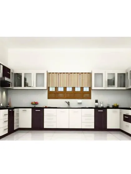 This 3D render shows a spacious U-shaped modular kitchen design. The two-tone cabinet combination of dark wood and white creates a classic contrast, while the layout provides ample counter space and storage.
