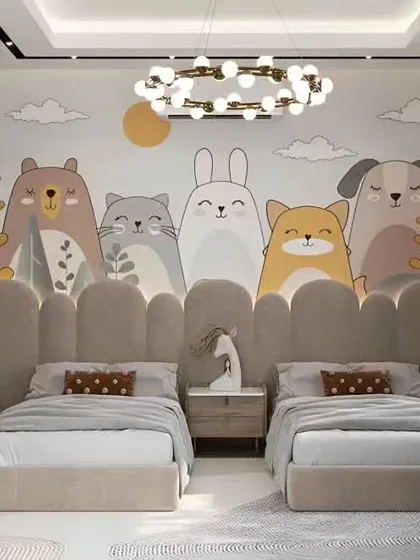 A shared bedroom with a large, adorable wall mural of cartoon animals. The neutral color palette and simple twin beds make it a calming and sweet space for siblings.