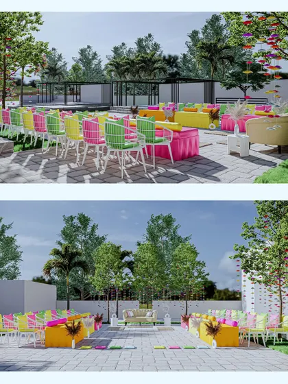 I show you the magic before you feel it. Here’s a look at how my 3D design renders translate into a real-life vibrant mehendi setup, ensuring there are no surprises, only happy ones.