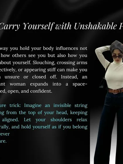Your body language influences how you feel and how others see you. I use posture tricks, like imagining a string pulling you up from your head, to help clients expand into a space with a relaxed, open, and confident stance.