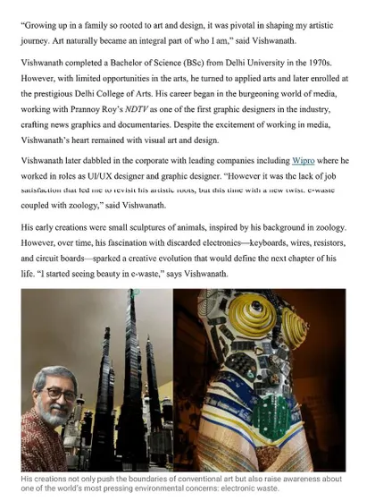A page from the Indian Express "Unsung Heroes" article, detailing my background and my evolution as an artist. It explains how I started seeing beauty in the discarded electronics that would define my life's work.