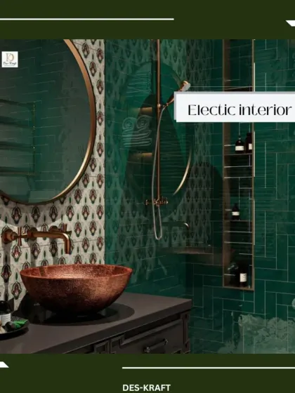 An eclectic bathroom design with emerald green herringbone tiles, a patterned wallpaper, and a hammered copper vessel sink for a rich, bohemian-luxe feel.