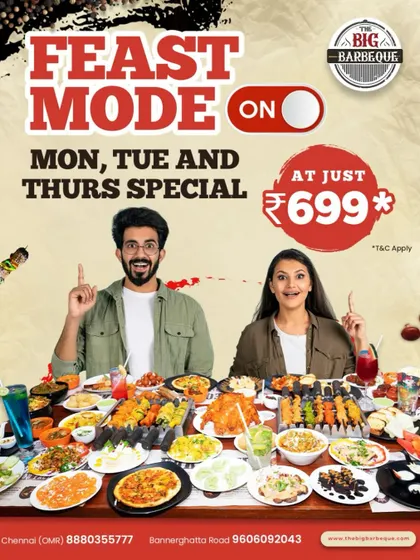 Feast mode is on. Our special offer for Monday, Tuesday, and Thursday lets you enjoy unlimited flavors for an unbeatable price of just ₹699.