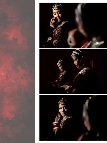 A collage of mirror-reflection shots, capturing the bride's final checks and quiet moments before she steps out. The low-key lighting adds a touch of drama.
