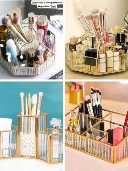 A collage showcasing our luxurious glass and gold-trimmed makeup organizers. These trays and holders add a touch of vintage glamour to your vanity.