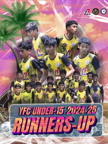 A creative graphic celebrating our U-15 team as Runners-Up in the YFC 2024-25. The silver today is a stepping stone to gold tomorrow.