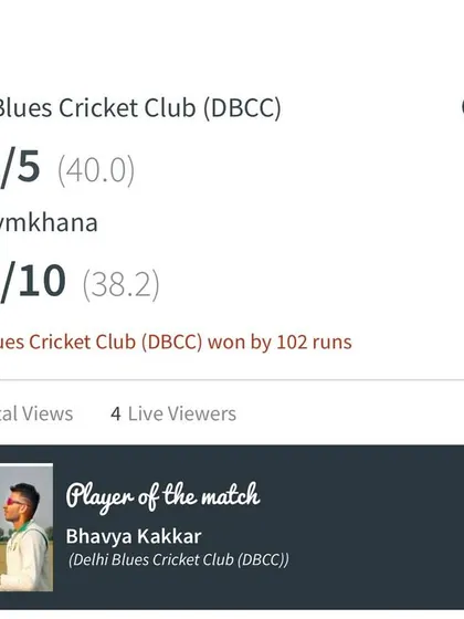 A dominant victory for our affiliated Delhi Blues Cricket Club (DBCC) in the DDCA League. Bhavya Kakkar was named Player of the Match for his remarkable century and a 5-wicket haul that included a hat-trick.