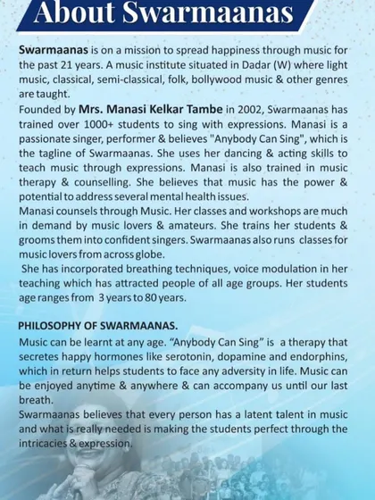More about our mission at Swarmaanas. We use expressions, breathing techniques, and voice modulation to groom confident performers and help students find joy.