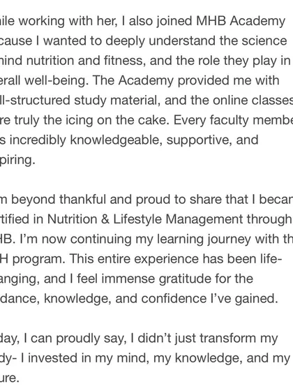 Loveleen's journey didn't just transform her body; she invested in her mind and knowledge, getting certified in Nutrition & Lifestyle Management. This is what empowerment looks like.