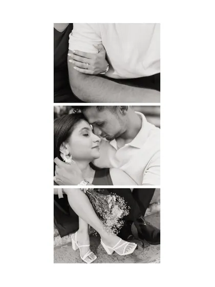A black and white collage focusing on the details of a couple's connection. It highlights an engagement ring, an intimate embrace, and the bride's stylish shoes, telling a story through small moments.