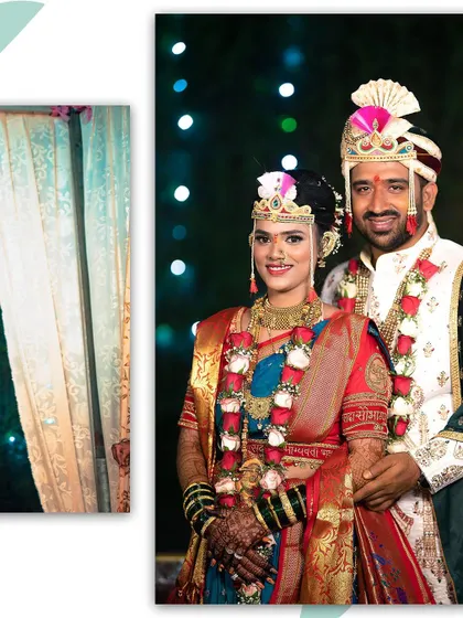 A beautiful portrait of the bride and groom. The bride's intricate mundavalya and the groom's pheta are highlighted in this classic wedding shot.